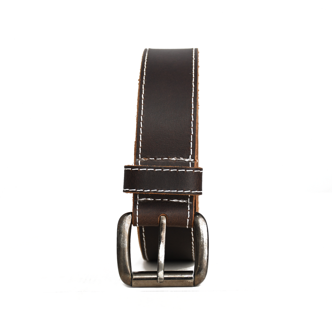 Brown leather belt with silver buckle on a white background
