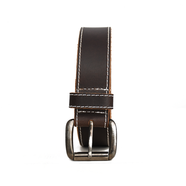 Brown leather belt with silver buckle on a white background