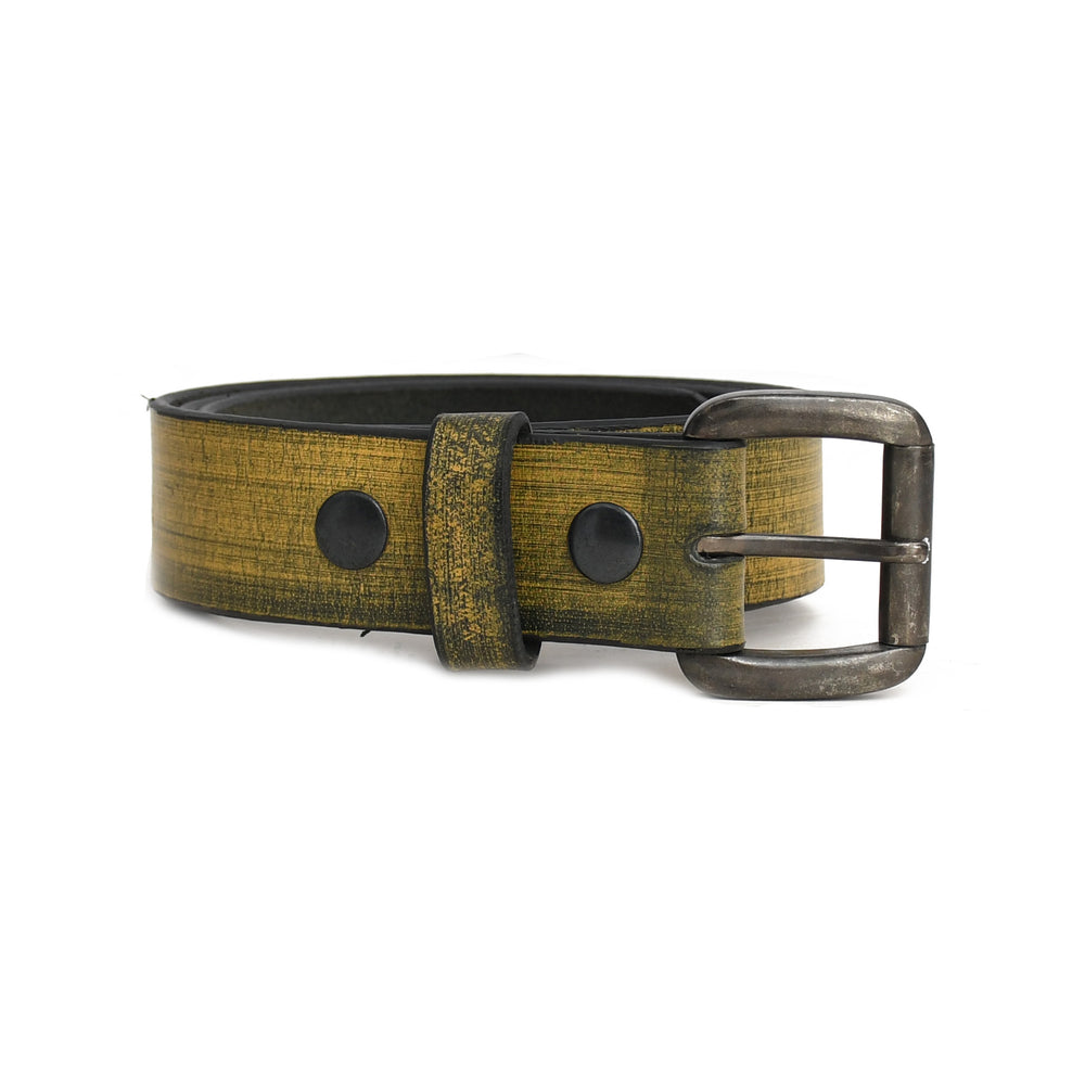 Golden leather belt with black buckle on a white background