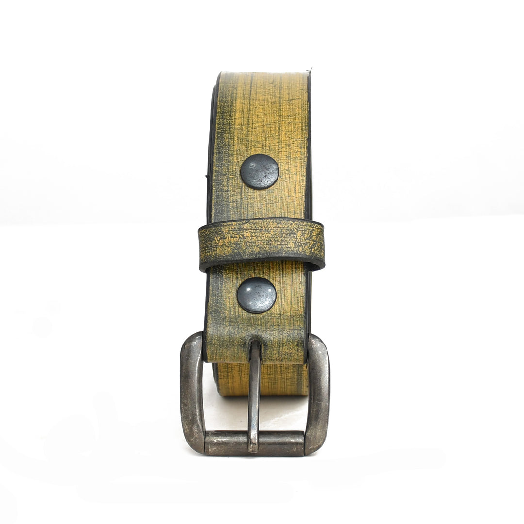 Golden leather belt with metal buckle on a white background