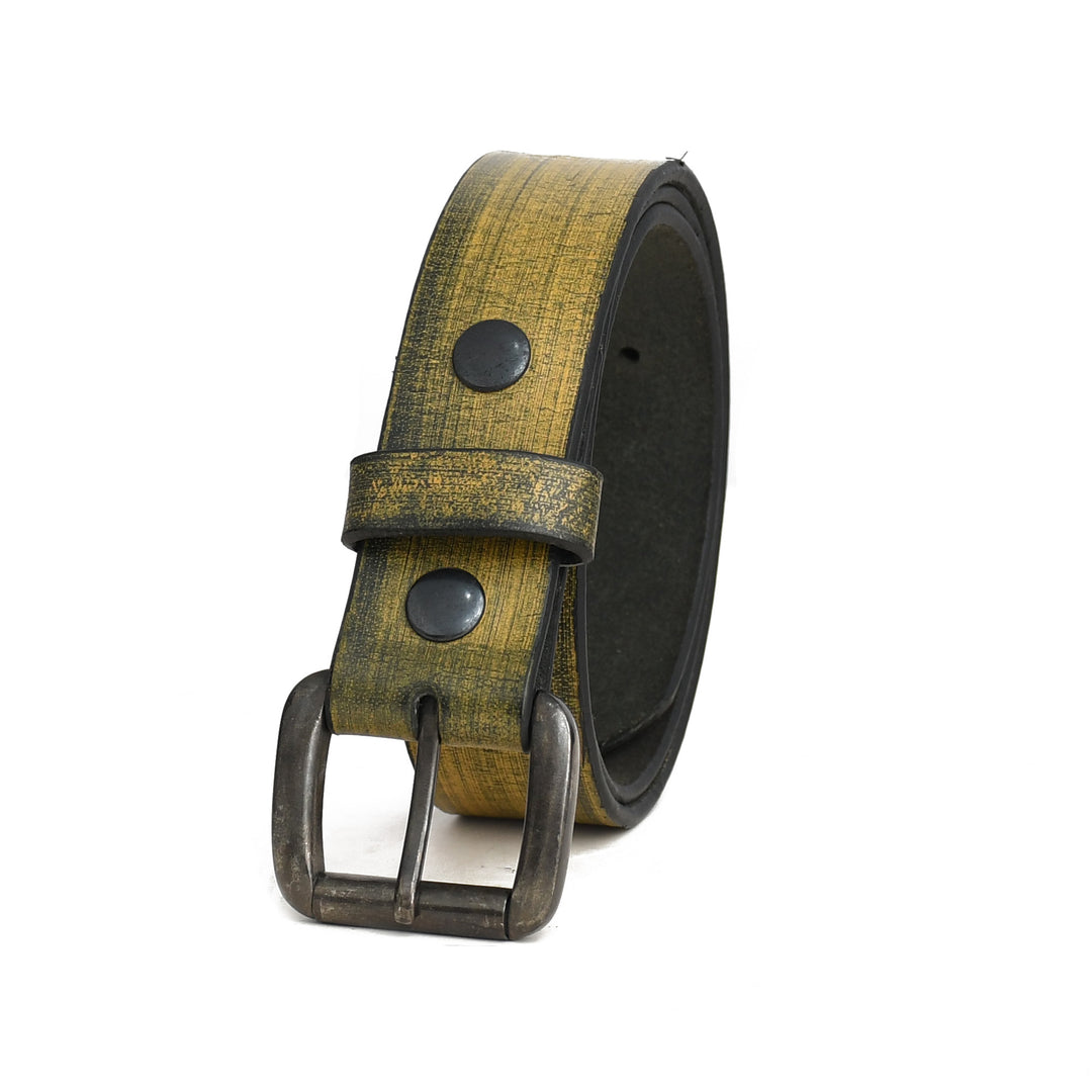 Golden leather belt with black buckle on a white background