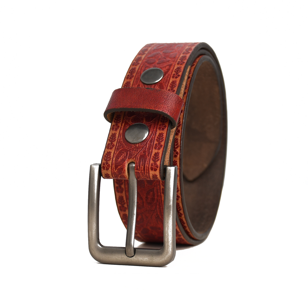 Red leather belt with silver buckle on a white background