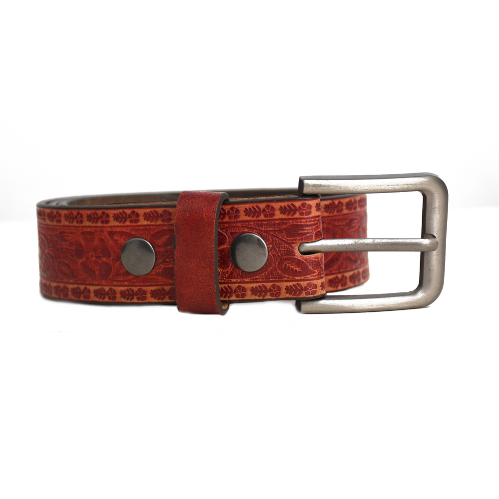 Brown leather belt with silver buckle on a white background