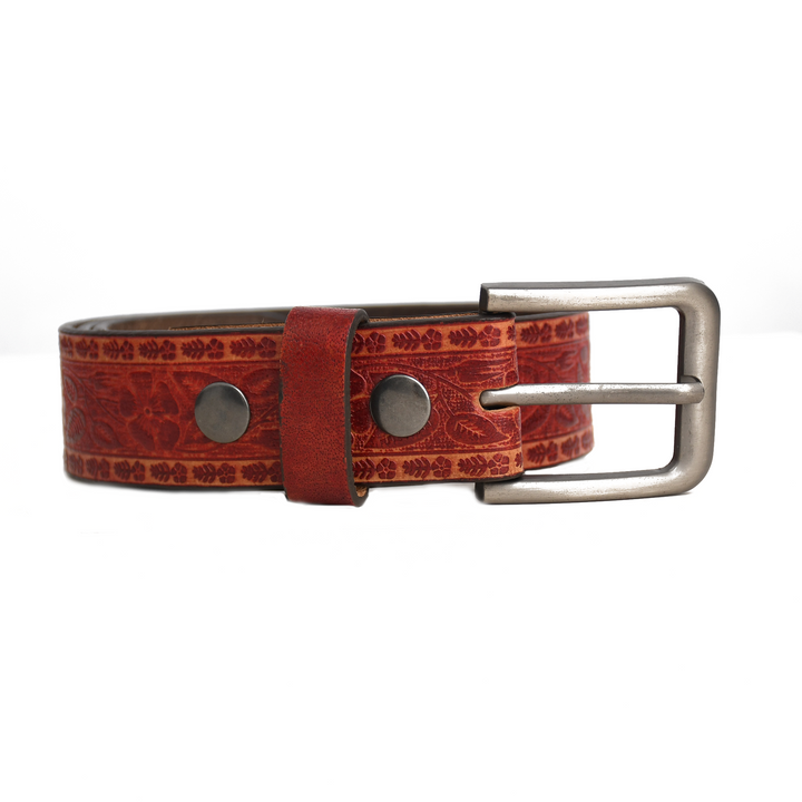Brown leather belt with silver buckle on a white background