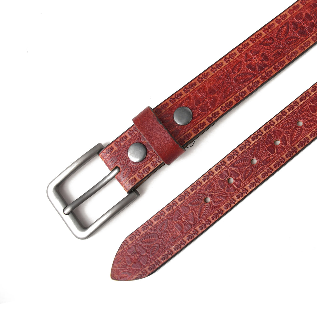 Red leather belt with silver buckle on a white background