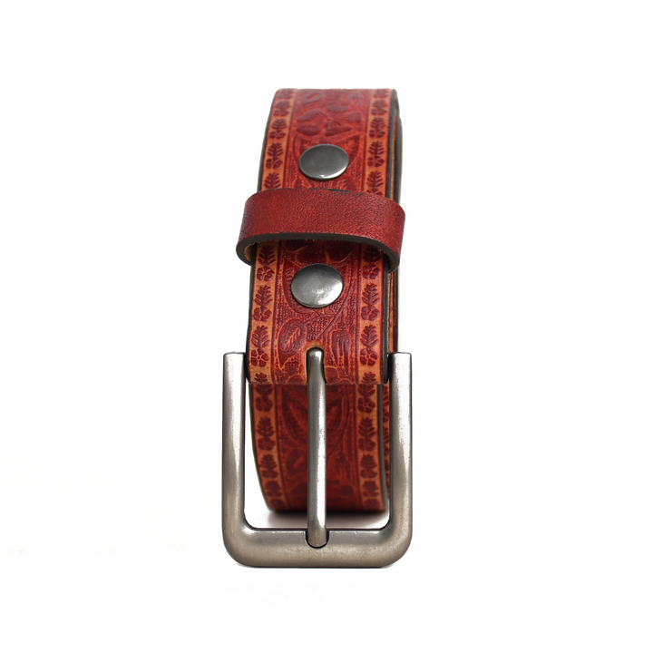 Red leather belt with silver buckle on a white background