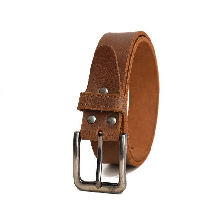 Brown leather belt with silver buckle on a white background
