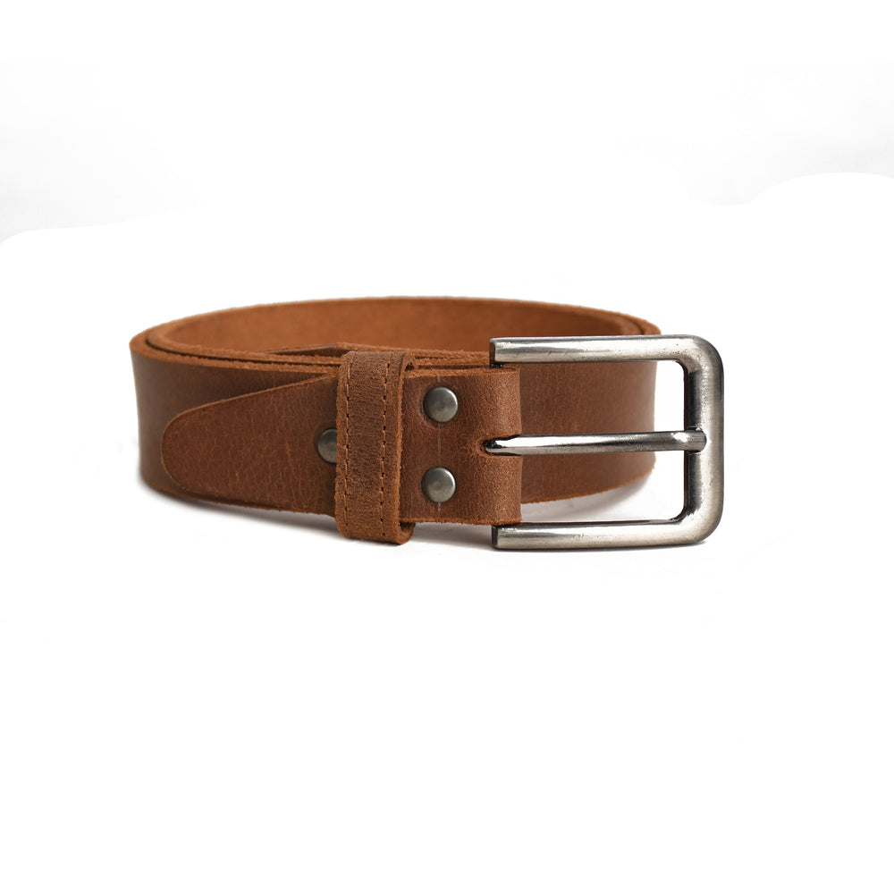 Brown leather belt with a silver buckle on a white background