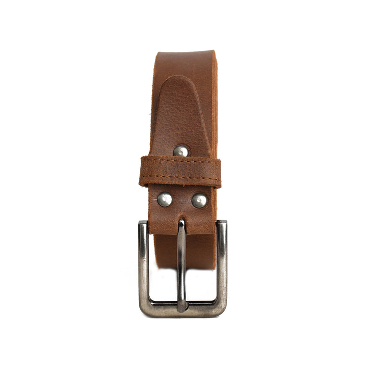 Brown leather belt with silver buckle on a white background
