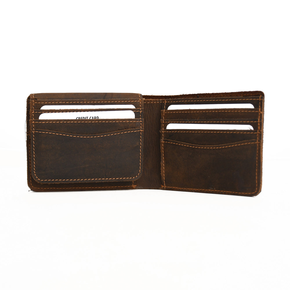 Brown leather wallet with card slots on a white background