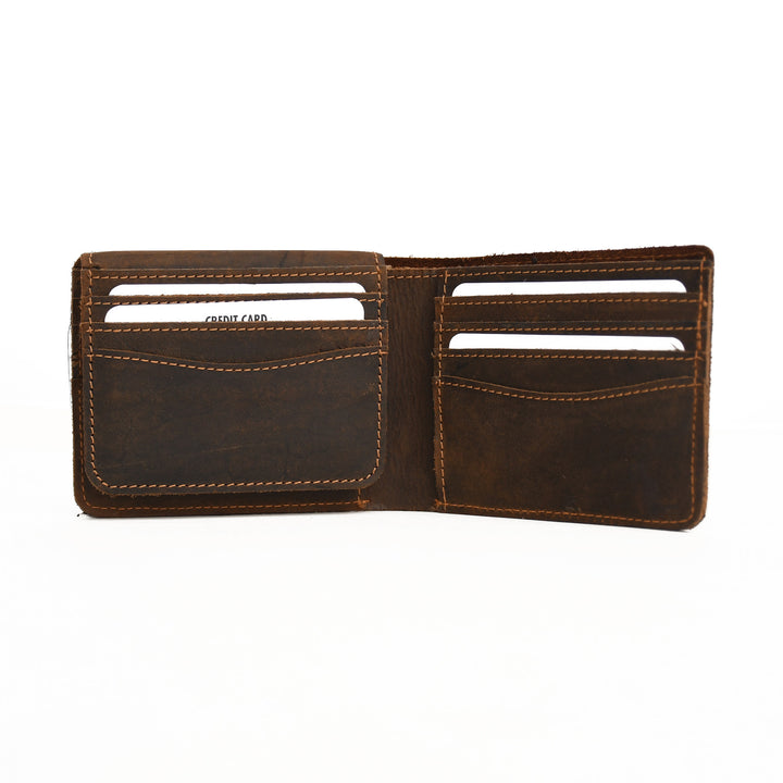 Brown leather wallet with card slots on a white background