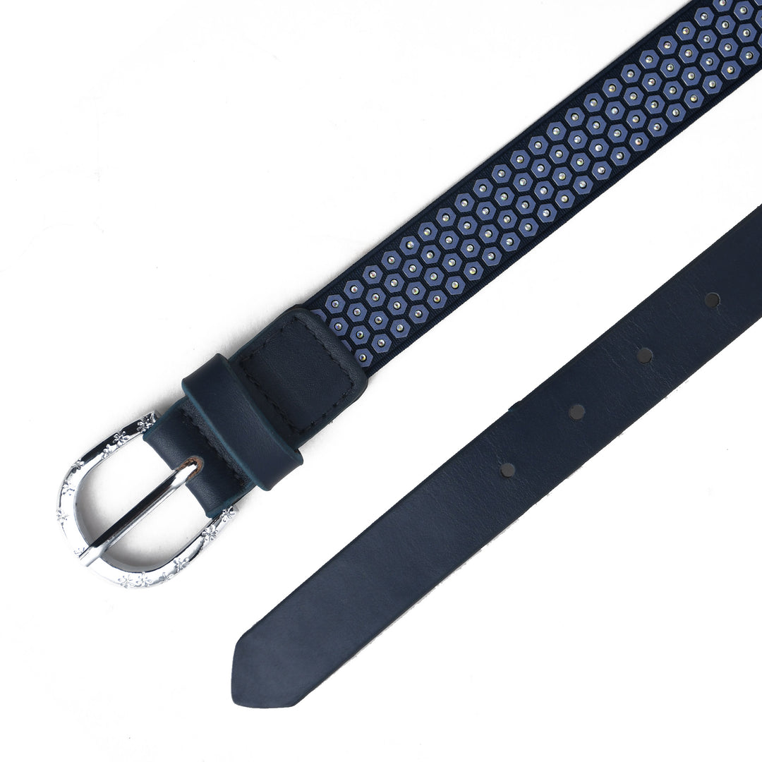 Navy blue watch strap with silver buckle on a white background
