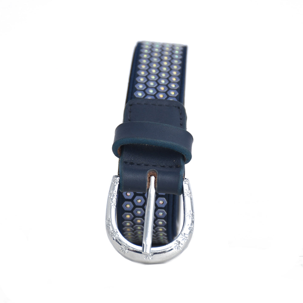 Navy blue watch strap with silver buckle on a white background