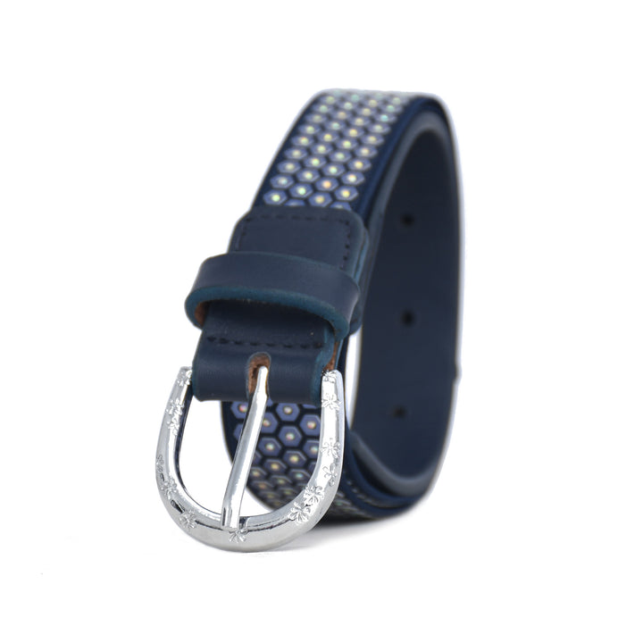 Navy blue belt with silver studded buckle on a white background