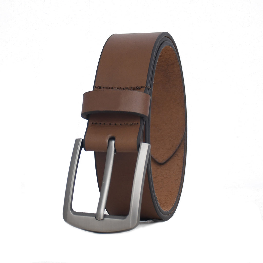 Brown leather belt with a silver buckle on a white background