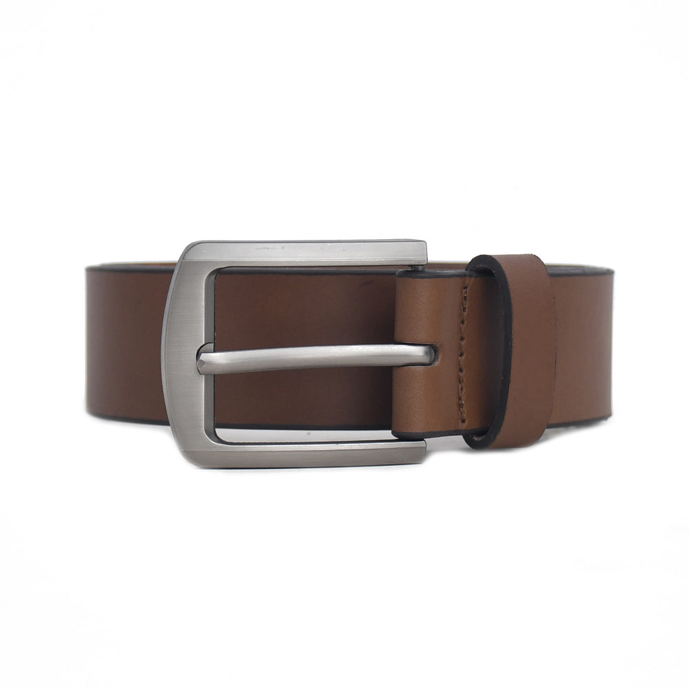 Brown leather belt with a silver buckle on a white background