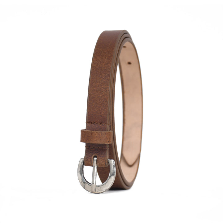 Brown leather belt with silver buckle on a white background