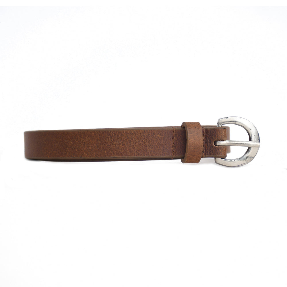 Brown leather belt with a silver buckle on a white background