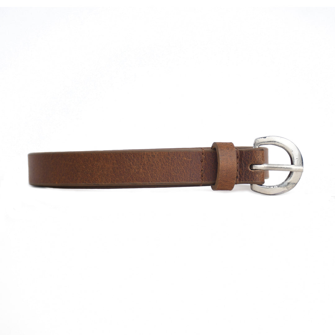 Brown leather belt with a silver buckle on a white background
