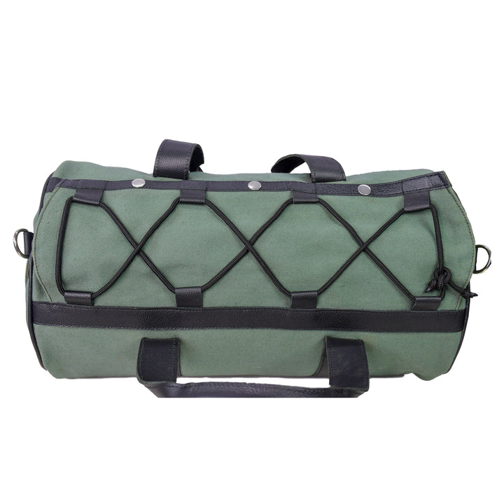 Green duffel bag with black straps on a white background