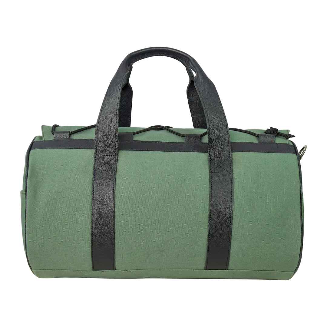 Green duffel bag with black straps on a white background