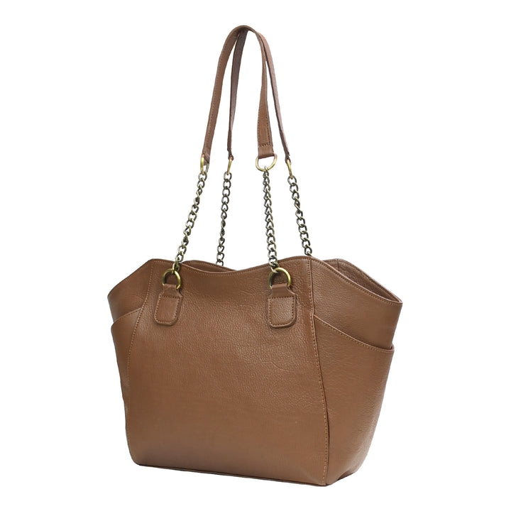 Brown leather handbag with chain details on a white background