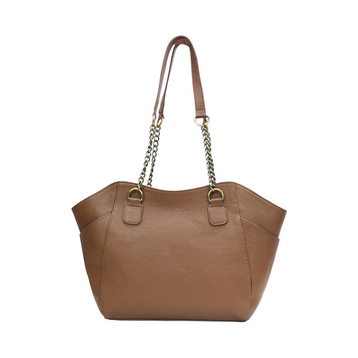 Brown leather handbag with chain detail on a white background