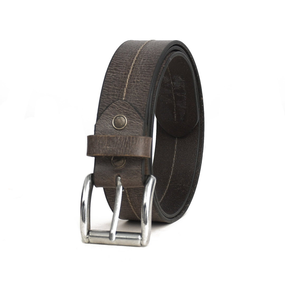 Taupe grey leather belt with silver buckle on a white background