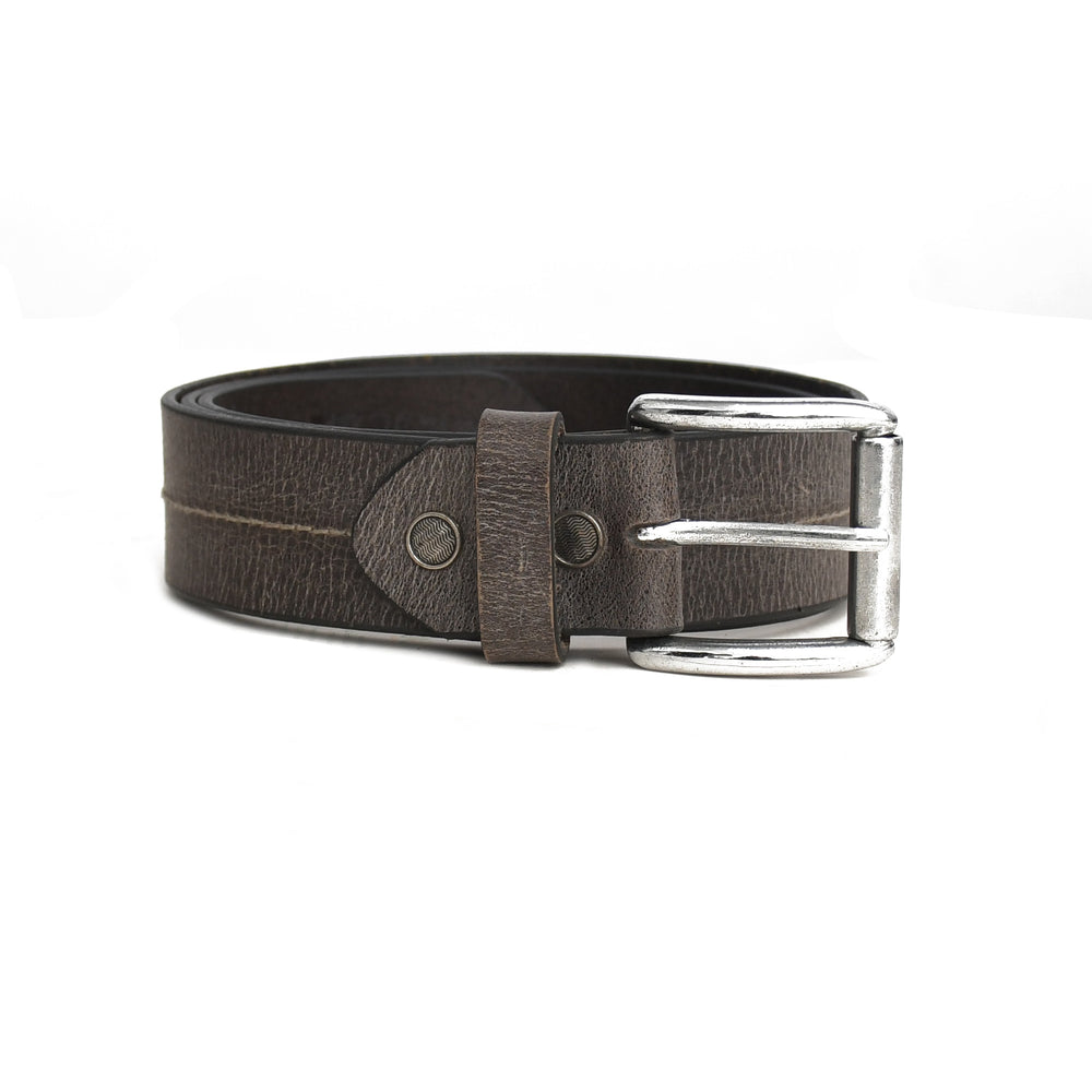 Taupe grey leather belt with silver buckle on a white background