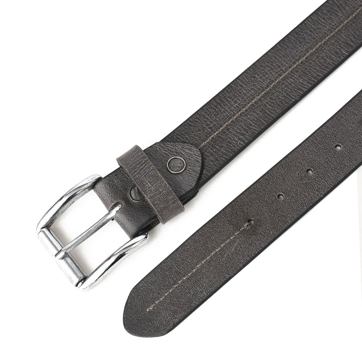 Gray leather belt with silver buckle on a white background