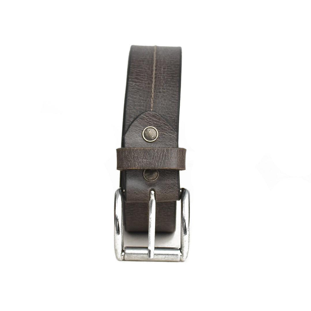 Taupe grey leather belt with silver buckle on a white background
