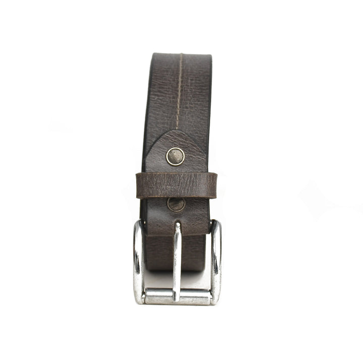 Taupe grey leather belt with silver buckle on a white background