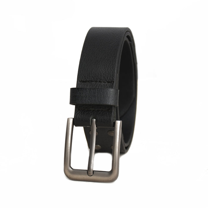 Black leather belt with a silver buckle on a white background