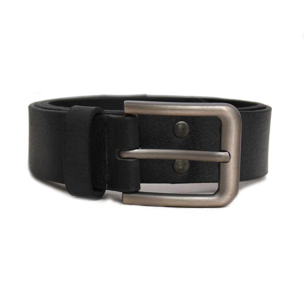Black leather belt with a silver buckle on a white background