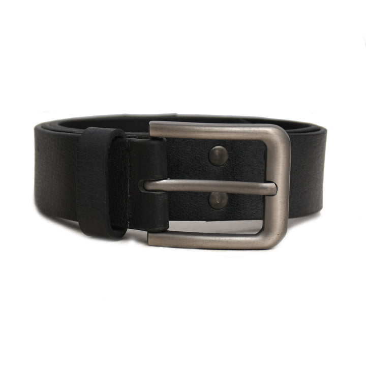 Black leather belt with a silver buckle on a white background