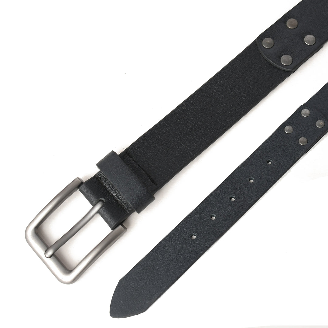 Black leather belt with silver buckle on a white background