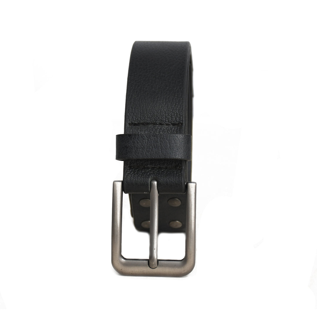 Black leather belt with a silver buckle on a white background