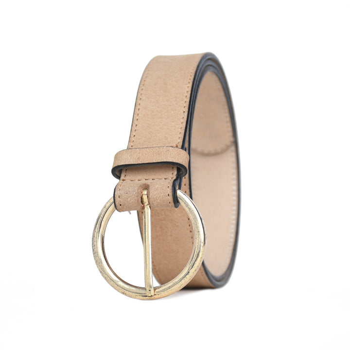 Beige belt with a gold buckle on a white background