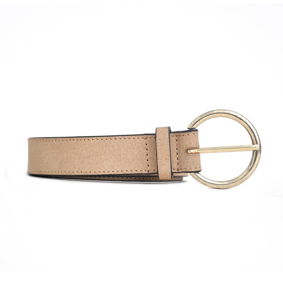 Beige belt with a gold buckle on a white background