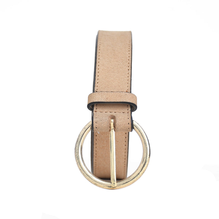 Beige belt with a gold buckle on a white background