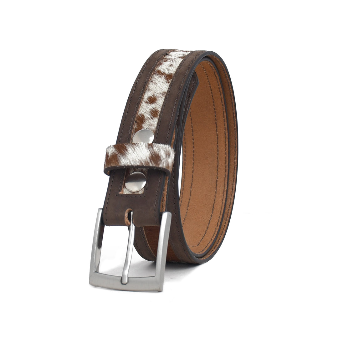 Brown leather belt with cowhide pattern on a white background