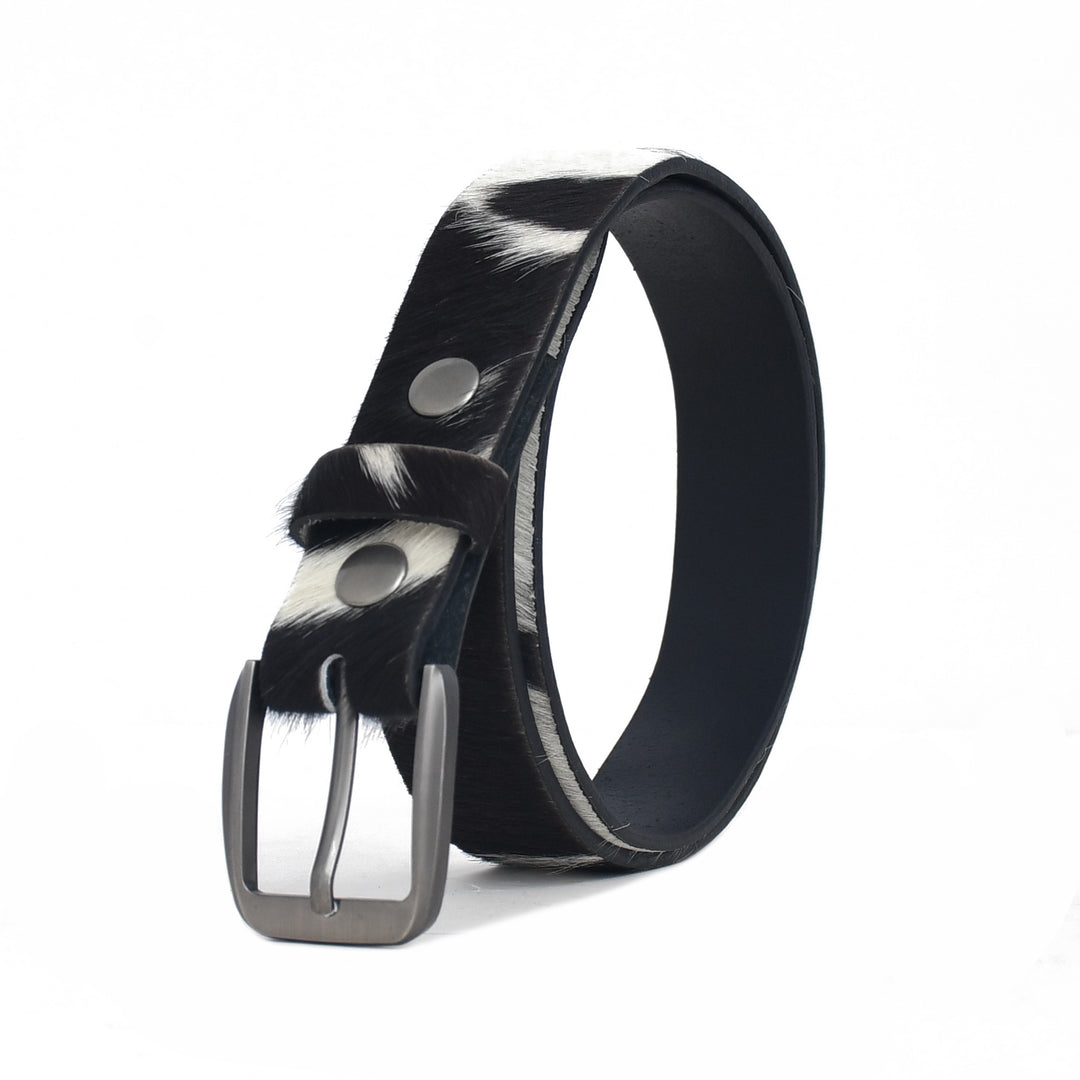 Black leather belt with a silver buckle on a white background