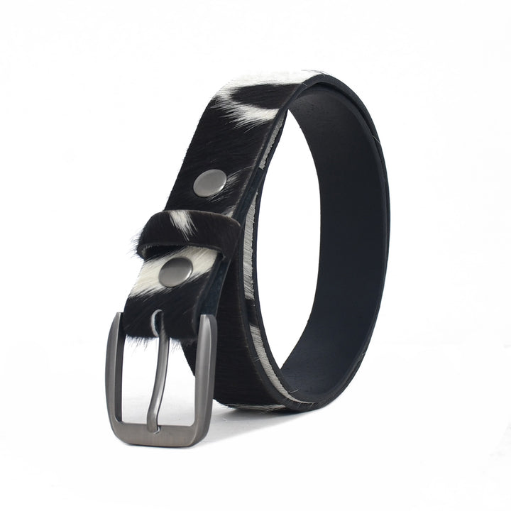 Black leather belt with a silver buckle on a white background