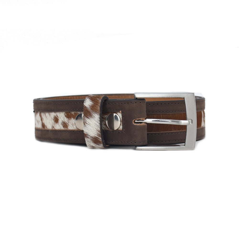 Brown leather belt with a silver buckle on a white background
