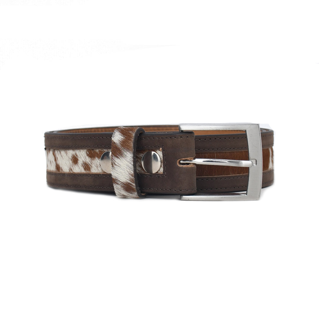 Brown leather belt with a silver buckle on a white background