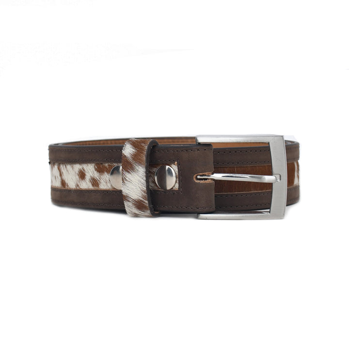 Brown leather belt with a silver buckle on a white background