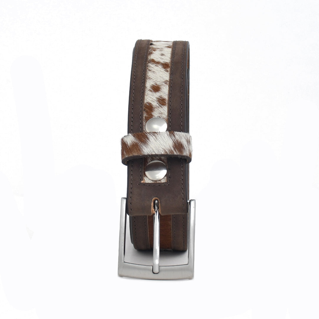 Belt with cowhide strap and silver buckle on a white background