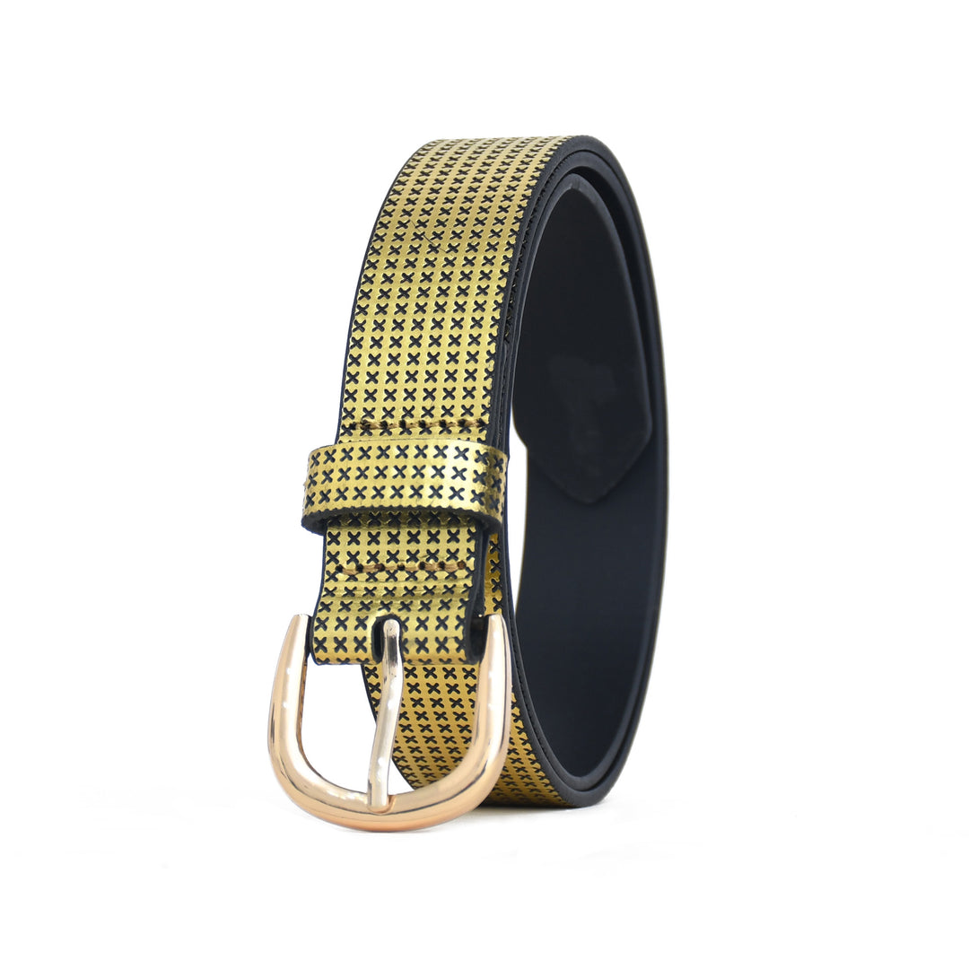 Yellow and black patterned belt with a gold buckle on a white background