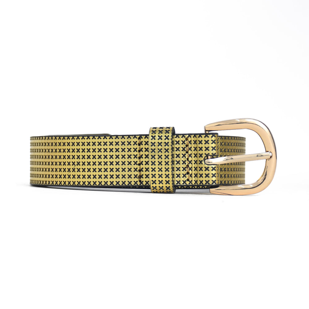 Yellow and black patterned belt with a gold buckle on a white background
