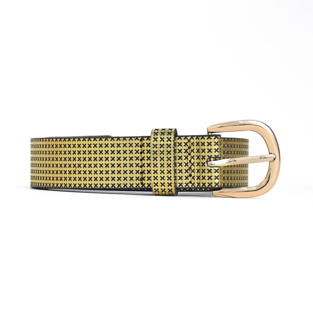Yellow and black patterned belt with a gold buckle on a white background